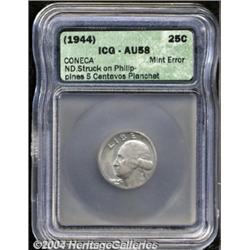 (1944) 25C Washington Quarter--Struck on Philippines 5 Centavos Planchet--AU58 ICG.
