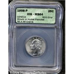1998-P 25C Washington Quarter--Struck on Five Cent Planchet--MS64 ICG.