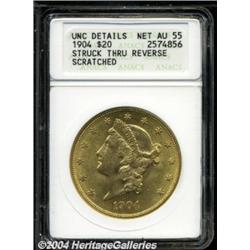 1904 $20 Double Eagle--Struck Thru Reverse, Scratched--ANACS. Unc Details, Net AU55.