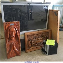 TV, MIRROR, WOOD ART FRAMES & MISC ITEM.
