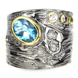 Swiss Blue Topaz Tanzanite Tourmaline  Adjustable Ring