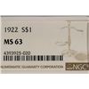 Image 3 : 1922 PEACE SILVER DOLLAR NGC MS63