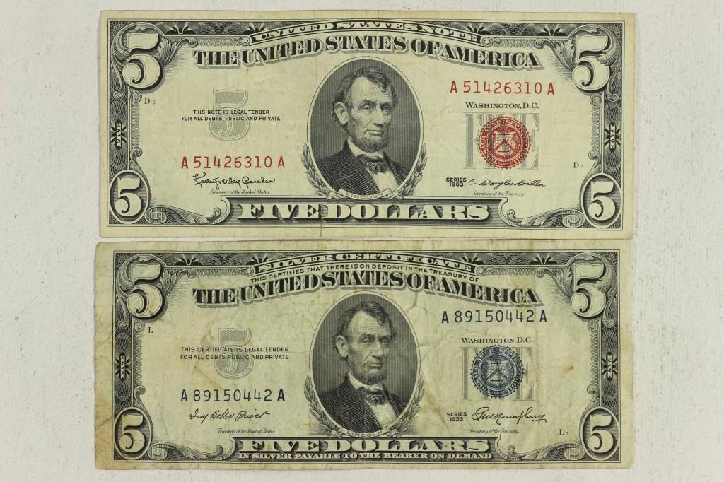 1953 $5 SILVER CERTIFICATE 1963 $5 US NOTE 1953 $5 SILVER CERTIFICATE 1963 $5 US NOTE