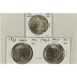 1921 MORGAN, 1922 & 22-S PEACE SILVER DOLLARS