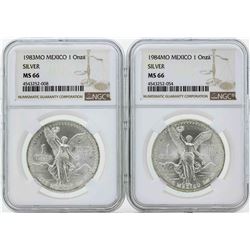 Set of 1983MO-1984MO Mexico 1 Onza Silver Libertad Coins NGC MS66
