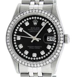 Mens Rolex Stainless Steel Black String Diamond Datejust Wristwatch