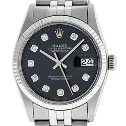 Mens Rolex 36mm Stainless Steel Black Diamond Datejust Wristwatch