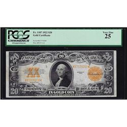 1922 $20 Gold Certificate Note PCGS VF25