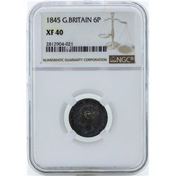1845 Great Britain 6 Pence Coin NGC XF40