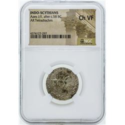 58 BC Indo Scythians Azes I/II AR Tetradrachm Coin NGC Ch VF
