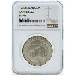 1974 Macau 20 Patacas Silver Coin NGC MS64