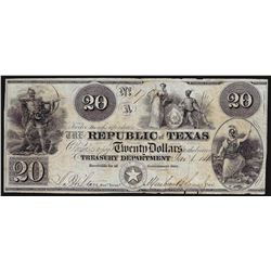 1840 $20 Republic of Texas Treasury Department Obsolete Note Cut Canceled