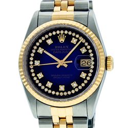 Mens Rolex 36mm Two Tone Yellow Gold Blue Vignette String Diamond DateJust Wrist