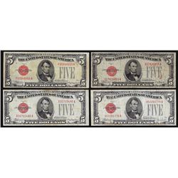Lot of (4) 1928C $5 Legal Tender Red Seal Notes