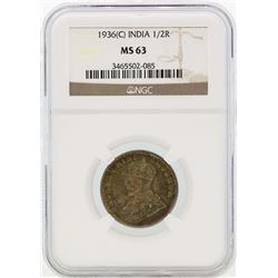 1936C India British King George V 1/2 Rupee Silver Coin NGC MS63