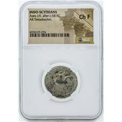 58 BC Indo Scythians Azes I/II AR Tetradrachm Coin NGC Ch F