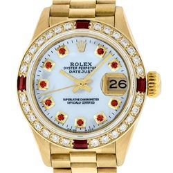 Ladies Rolex Quickset 18K Yellow Gold MOP Ruby & Diamond President Wristwatch