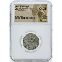 58 BC Indo Scythians Azes I/II AR Tetradrachm Coin NGC Ch XF