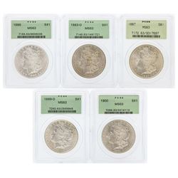 Set of (5) $1 Morgan Silver Dollar Coins PCGS MS63 Green Holders