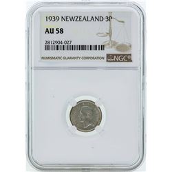 1939 New Zealand 3 Pence Silver Coin NGC AU58