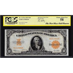 1922 $10 Gold Certificate Note PCGS Choice AU58 SPECIAL GOLD HOLDER