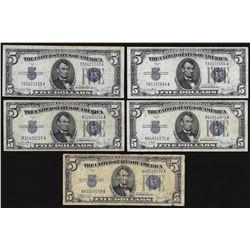 Lot of (5) 1934 $5 Silver Certificate Notes