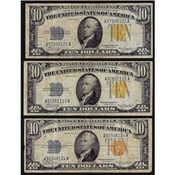 Lot of (3) 1934A $10 North Africa WWII Emergency Silver Certificate Notes