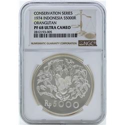 1974 Indonesia 5000 Rupiah Orangutan Conservation Silver Coin NGC PF68 Ultra Cam
