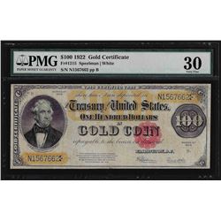 1922 $100 Gold Certificate Note PMG Very Fine 30