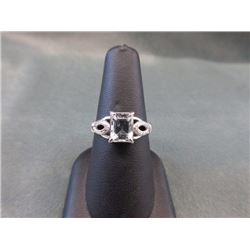 RING - EMERALD FACETED AQUAMARINE & 2 DIAMONDS IN STERLING SILVER SOLITAIRE SETTING - RETAIL ESTIMAT