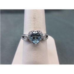 RING - 1.35 CT HEART FACETED BLUE TOPAZ & 2 DIAMONDS IN STERLING SILVER SETTING - INCLUDES CERTIFICA