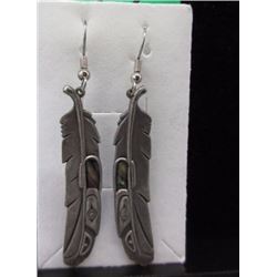 EARRINGS - ABALONE IN FIRST NATIONS EAGLE DESIGNED STERLING SILVER SETTING - SIGNED ON BACK