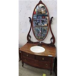 VINTAGE VICTORIAN VANITY WITH HARP FRAMED PIVOT MIRROR = CONVERTED TO BATHROOM VANITY - ~40" WIDE