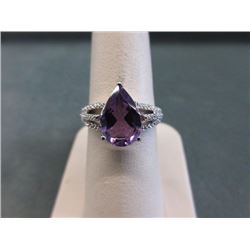 RING - 2.2CT PEAR FACETED PURPLE AMETHYST & 2 DIAMONDS IN STERLING SILVER SETTING - RETAIL ESTIMATE 