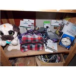 SHELF LOT OF NEW ITEMS - INCLUDING WEST CLOX, NEW CABLES AND MORE