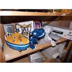 SHELF LOT OF NEW ITEMS - INCLUDING BOAT, DINO CAT, BLACK BERRY  AND MORE