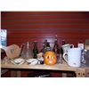 Image 1 : SHELF LOT OF COLLECTABLE & HOUSE HOLD - INCLUDING PUMPKIN MUG, BELLOWS, COLLECTABLE BOTTLES AND MROE