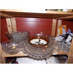 SHELF OF GLASSWARE, PLATES & MORE