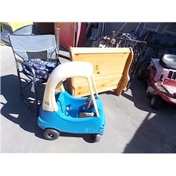CAMP CHAIR, RED RIDE CAR, PINE BOARD
