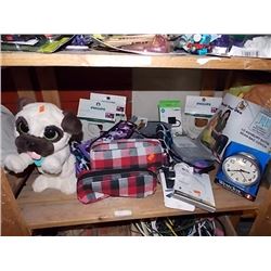 SHELF LOT OF NEW ITEMS - INCLUDING WEST CLOX, NEW CABLES AND MORE