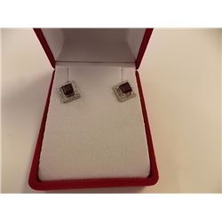 EARRINGS - NEW PRINCESS FACETED GARNET & 2 ROUND FACETED DIAMONDS IN STERLING SILVER SETTING - RETAI