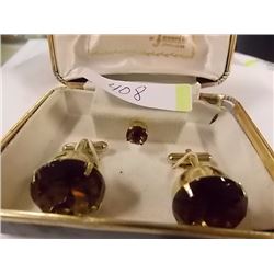 VINTAGE CUFF LINK SET WITH TIE PIN - SMOKY TOPAZ?