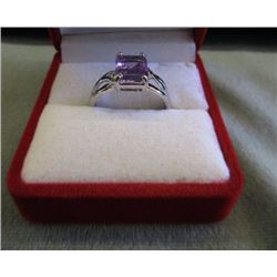 RING -EMERALD FACETED PURPLE AMETHYST & 2 DIAMONDS IN STERLING SILVER SETTING - ESTIMATED RETAIL $45