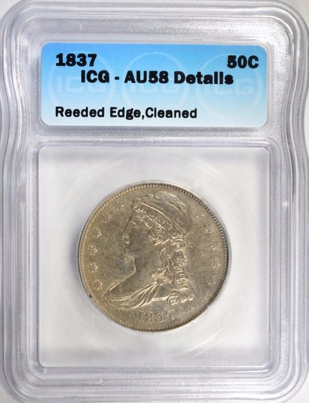 1837 REEDED EDGE CAPPED BUST HALF DOLLAR ICG AU58 DETAILS CLEANED