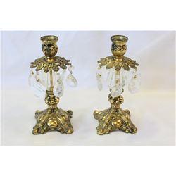 PAIR OF BRASS AND CRYSTAL CANDLE HOLDERS