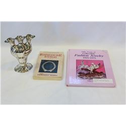 EUROPEAN SILVER STAMPED BUD VASE AND RHINESTONE JEWELLRY BOOKS