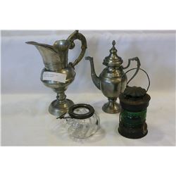 TWO PEWTER PITCHERS AND LANTERN AND BASKET