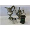Image 1 : TWO PEWTER PITCHERS AND LANTERN AND BASKET