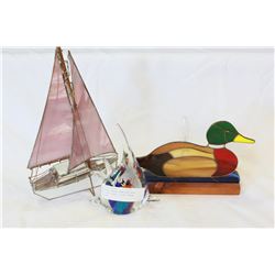 STAINED GLASS LAMP AND BOAT AND ART GLASS FISH PAPER WEIGHT