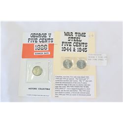 GEORGE V FIVE CENTS AND TWO WAR TIME STEEL FIVE CENTS